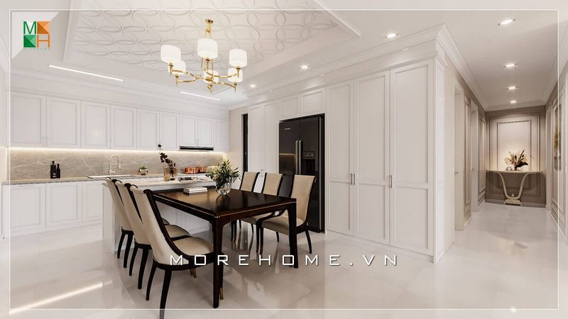 Mẫu bàn ăn 6 ghế chân gỗ có phong cách tân cổ điển sang trọng.