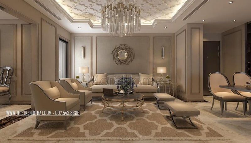 Sofa tân cổ điển bọc da là một yếu tố quan trọng giúp cho phòng khách căn chung cư trở nên cuốn hút hơn.