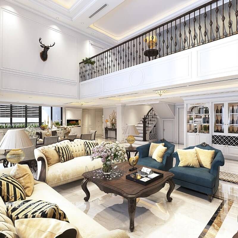 Bàn trà gỗ óc chó tân cổ điển tinh tế được đặt trong không gian phòng khách căn hộ duplex thanh xuân hà nội, tạo nên hình ảnh đẹp mắt.