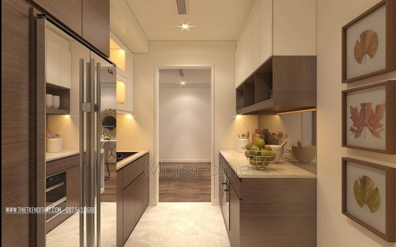 Nội thất phòng bếp chung cư nhỏ nhưng được thiết kế khoa học hợp lý để giúp người nội trợ tiệt kiệm thời gian và công sự.
